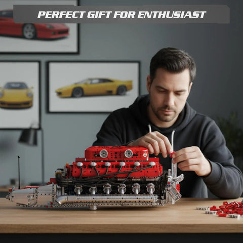 DIY V12 Engine Model Kit With 3472 Pieces For Teens And Adults Hands On Engine Project STEM Building Set For Mechanics Enthusiasts Educational Hobby Gift And Realistic Engine Showcase, man assembling red V12 model