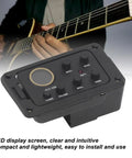 4 Band EQ Preamp For Acoustic Guitar With Piezo Pickup And Built In Tuner LCD Display, close-up on controls and guitar