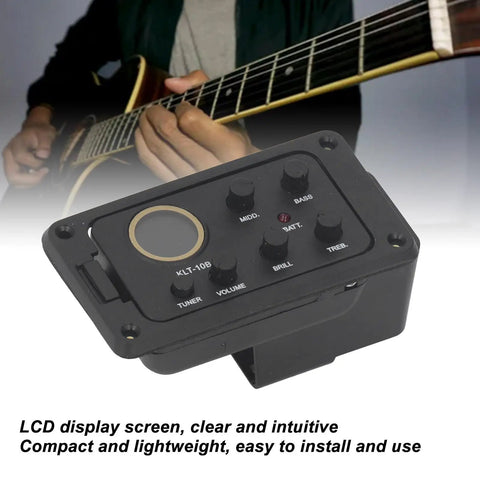 4 Band EQ Preamp For Acoustic Guitar With Piezo Pickup And Built In Tuner LCD Display, close-up on controls and guitar