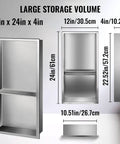304 Stainless Steel Shower Niche 12 By 24 By 4 Inches Wall Inset Recessed Shelf for Shower with detailed dimensions diagram
