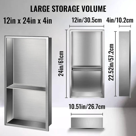 304 Stainless Steel Shower Niche 12 By 24 By 4 Inches Wall Inset Recessed Shelf for Shower with detailed dimensions diagram