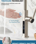 Touchless Pull-Out Kitchen Faucet with 6 Water Outlet Modes, Hands Free Motion Sensor Activated, Battery-Free Temperature Display, KF2209-PRO (Brushed Nickel) showing sensor with hand illustration.