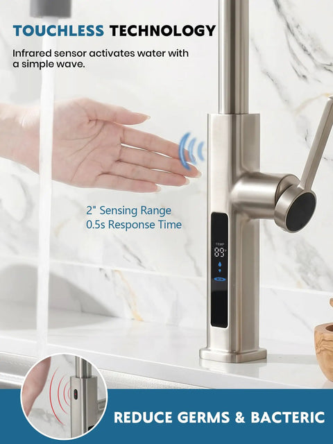 Touchless Pull-Out Kitchen Faucet with 6 Water Outlet Modes, Hands Free Motion Sensor Activated, Battery-Free Temperature Display, KF2209-PRO (Brushed Nickel) showing sensor with hand illustration.