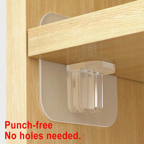 Stick On Shelf Clips No Drill Punch Free Self Adhesive Pegs supporting a shelf on a wooden cabinet, clear ABS material, size 6x6 cm.