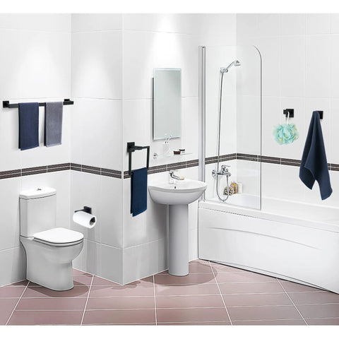 Modern bathroom with Matte Black 5 Piece Bathroom Hardware Set With 24 Inch Square Towel Racks, SUS304 Stainless Steel Towel Bar Set