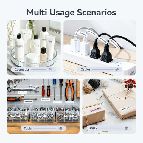 Labeled cosmetics, cables, tools, and gifts demonstrating D110 Upgraded Mini Label Maker With Tape, Pocket Size Bluetooth Thermal Printer.