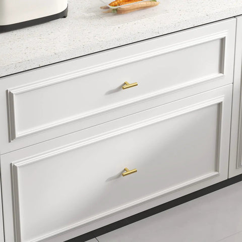 10 Pack Gold Cabinet Knobs Brushed Brass Drawer Knobs For Kitchen Cabinets Closet Doors Gold Dresser Hardware Single Hole Handles Two Inch Overall Length on white drawers