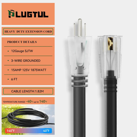 Heavy Duty Outdoor Extension Cord 6 Ft 12 Gauge With Lighted End ETL Listed 15A 1875W SJTW NEMA 5-15P To 5-15R, black cord
