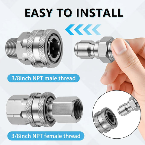 Senlinyu 3/8 in stainless steel pressure washer quick-connect adapters set (4-pack) with NPT male and female threads