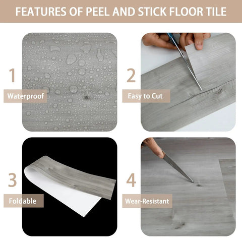 Features of Self Adhesive Peel And Stick Floor Tile Set 10 Pack 15 Sq Ft Natural Grey Wood Grain Look Waterproof PVC Vinyl Plank.