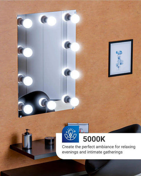 10 Pack E12 LED Bulbs G14 Globe Vanity Lights Daylight 5000K CRI92 450 Lumens 5W Equal 40W displayed on mirror