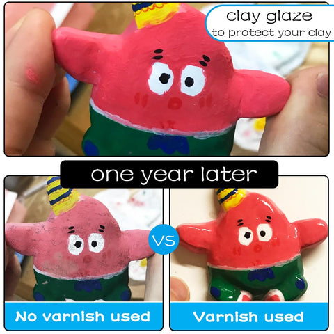 Air Dry Clay Varnish Sealant used on clay figure comparison after one year, showing waterproof and scratch resistant gloss glaze effect.