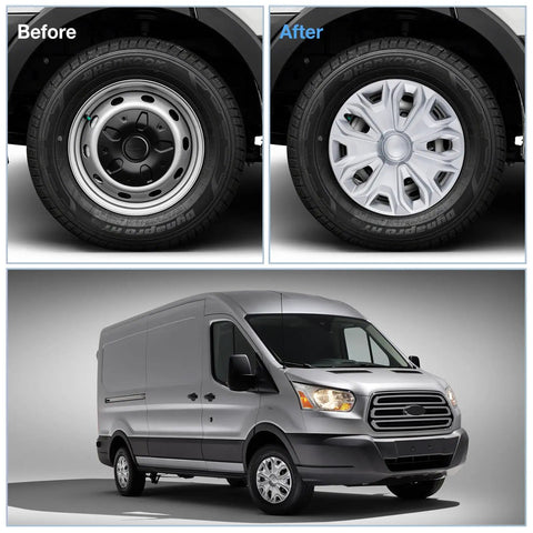 Ford Transit Hubcap Wheel Covers 16 Inch Silver Replacement Set Of 4 For 2015 To 2026 Transit 150 250 350 350HD ABS Direct Fit