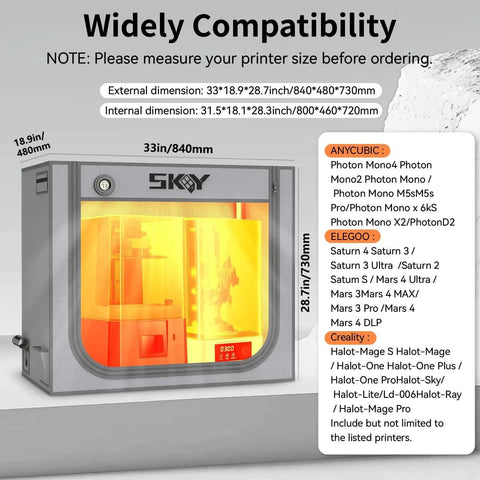 Double Space Resin 3D Enclosure With Ventilation Kit And LED Light, compatible with various 3D printers, shown with dimensions.