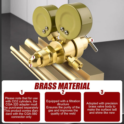 Brass welding gas regulator with dual gauges for argon; CGA580 inlet, 0-4000 psi input, 6.6 ft hose, angled front view