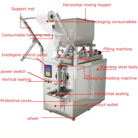 Heavy Duty Stainless Steel Automatic Liquids Filling And Sealer With Horizontal Mixing Hopper Slick No Hassle Bag Forming for sauces and oils.