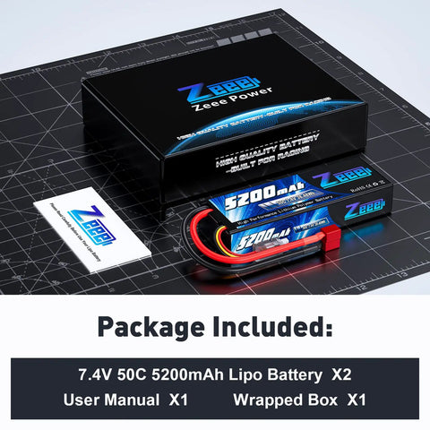7.4V 5200mAh 2S 50C LiPo Battery With Hard Case And T Connector For RC Cars Trucks One Eighth And One Tenth Scale Vehicles Dual Pack Built For High Power And Long Run Time In Real World RC Races And Banger Runs package contents