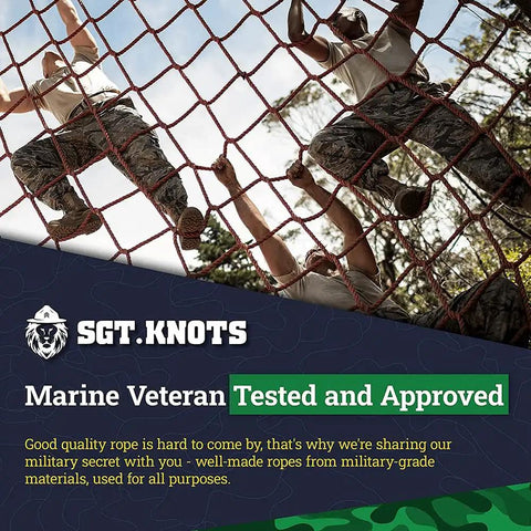 Marine veterans climbing a cargo net using military-grade ropes, highlighting rope strength and approval.