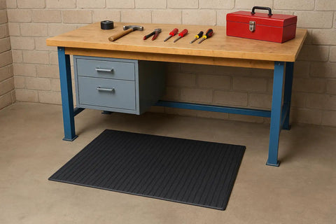 Air Step Anti Fatigue Vinyl Floor Mat 2x3 Black, shown placed in front of a workshop bench with tools and toolbox.