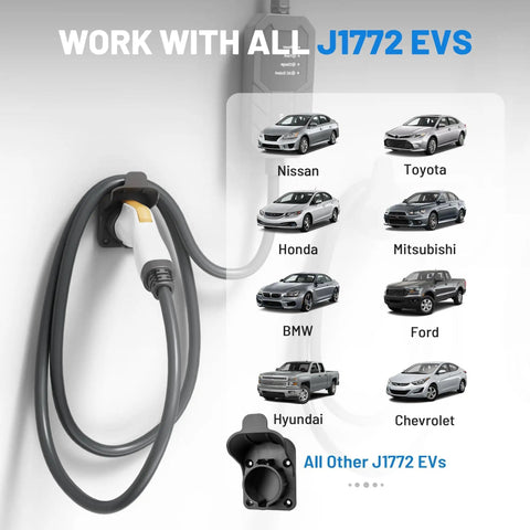 EV Charger Holder Wall Mount For SAE J1772 Cables with cable, compatible car brands graphic, nozzle holster dock shown