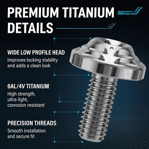 Close-up of a Dope Build Grade Five Titanium Bottle Cage Bolt M5 x 12mm with wide low profile head and precision threads.