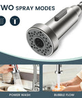 Close-up of Kitchen Faucets with Pull Down Sprayer, Brushed Nickel showing two spray modes: Power Wash and Bubble Flow.