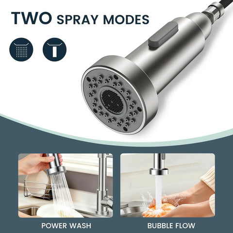 Close-up of Kitchen Faucets with Pull Down Sprayer, Brushed Nickel showing two spray modes: Power Wash and Bubble Flow.