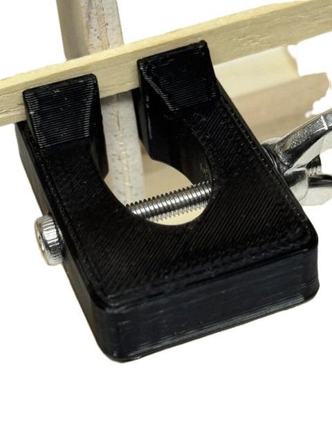 5 Piece Hull Planking Clamps For Wooden Model Ship Kit, black clamp holding wooden plank, showing wingnut tightening