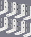 8 Pcs White L Bracket Corner Mounts 2 By 2 Inch Heavy Duty 304 Stainless Steel Shelf Supports with screws for installation.