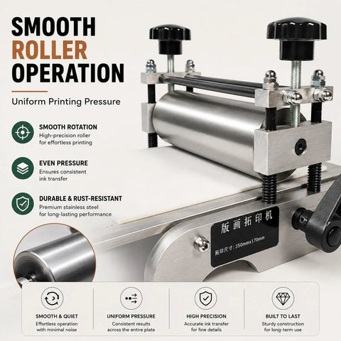 Beefed Up Steel Roller Frame Assembly For Manual Etching Press Desktop Flatbed Printing Stand With Plate Holder Durable Linoleum Printmaking Machine Accessory Stable Easy Setup Studio Press Gear, stainless roller