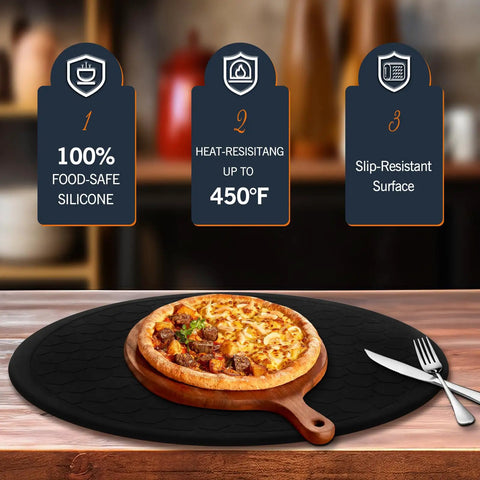 18.9 Inch Silicone Pizza Mat For Pi Prime Outdoor Oven with pizza, non-slip, heat resistant up to 450K, black color on table
