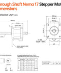 Technical diagram of a NEMA 17 Through Shaft Stepper Motor with dimensions and wiring guide.