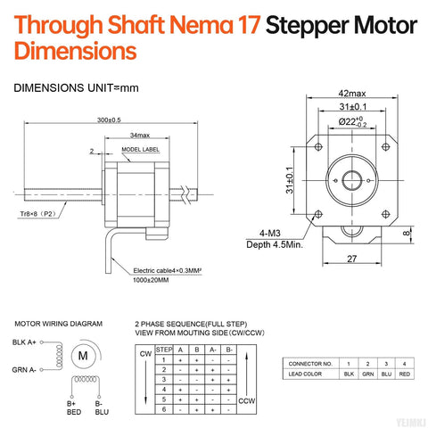 Technical diagram of a NEMA 17 Through Shaft Stepper Motor with dimensions and wiring guide.
