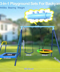 3 In 1 Outdoor Swing Set With Saucer Swing Belt Seat And 4 Ft Trampoline Heavy Duty A Frame Metal Stand With Safety Stakes 440 Lb Capacity Backyard Playground For Toddlers 3 To 8 Years Old featuring dimensions and structure details