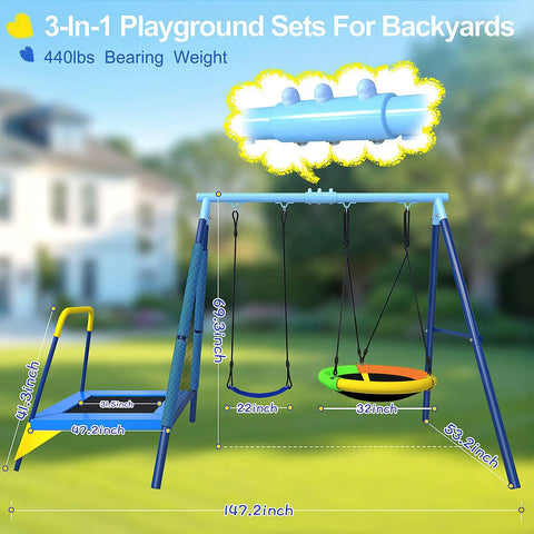 3 In 1 Outdoor Swing Set With Saucer Swing Belt Seat And 4 Ft Trampoline Heavy Duty A Frame Metal Stand With Safety Stakes 440 Lb Capacity Backyard Playground For Toddlers 3 To 8 Years Old featuring dimensions and structure details