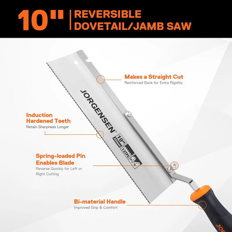 10 Inch Dovetail Jamb Saw With Reversible Blade Spring Loaded Flush Cut 13 TPI Double Ground Teeth Cranked Soft Grip Handle Great For Shortening Door Frames Tile Prep And Installation SK5 Steel Blade displayed with features