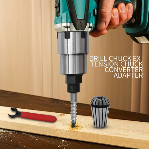 One Quarter To One Half Inch Router Bit Extension Collet Adapter With ER20 Spring Collet in use, drilling into wood.