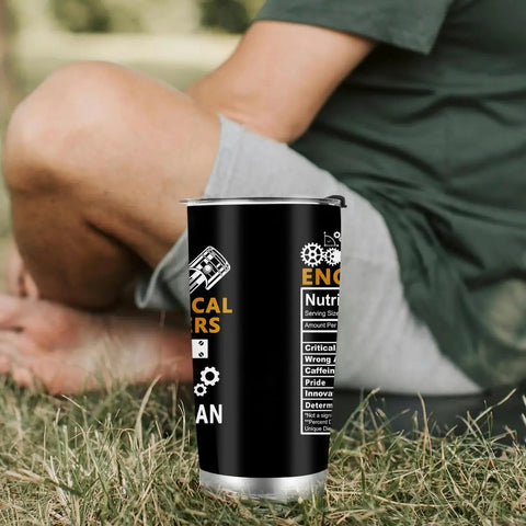 Person sitting on grass with 20 Oz Stainless Steel Mechanical Engineer Tumbler With Lid And Straw, Durable Travel Mug for men visible