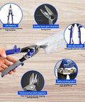 Person holding 10 Inch Heavy Duty Tin Snips For Straight Cuts On Sheet Metal And More Chrome Vanadium Steel Aviation Snips close-up
