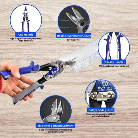 Person holding 10 Inch Heavy Duty Tin Snips For Straight Cuts On Sheet Metal And More Chrome Vanadium Steel Aviation Snips close-up