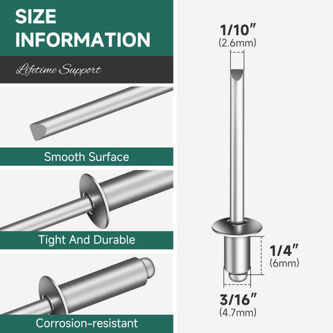 Hefty 3/16 X 1/4 Inch Aluminum Blind Pop Rivets Featuring Rock Solid Steel Mandrels Corrosion Resistant Fasteners for size information and features.