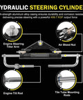 All In One 150HP Outboard Hydraulic Steering Kit With 13 Inch Plated Alloy Steering Wheel, 25 CC Helm Pump, Cylinder, And 26.8 Foot Cuttable Hoses For Yamaha, Honda, Suzuki, Mercury, Bay Boats, Pontoon - hydraulic steering cylinder components diagram with labeled parts