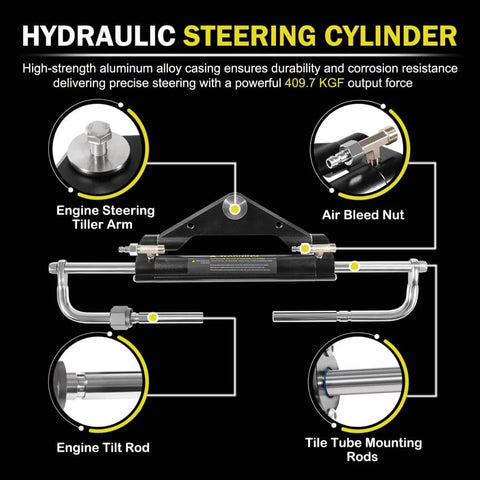 All In One 150HP Outboard Hydraulic Steering Kit With 13 Inch Plated Alloy Steering Wheel, 25 CC Helm Pump, Cylinder, And 26.8 Foot Cuttable Hoses For Yamaha, Honda, Suzuki, Mercury, Bay Boats, Pontoon - hydraulic steering cylinder components diagram with labeled parts