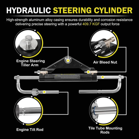 150HP Outboard Hydraulic Steering Kit With 13 Inch Anti Slip Steering Wheel, helm pump, cylinder, 26.8 ft hoses diagram.
