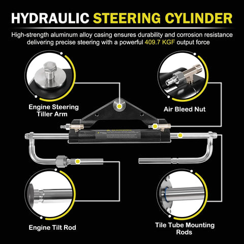 Detailed view of hydraulic steering cylinder with engine steering tiller arm and tilt tube mounting rods for All In One 150HP Hydraulic Outboard Steering Kit With Helm Pump Dual Lock Cylinder 26.8 Ft Hoses Fill Kit For Single Engine Boats Compatible With Yamaha Mercury Honda Suzuki Three Fourths Inch Tilt Tube.
