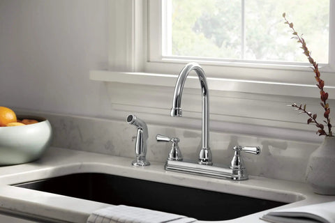 Elmhurst Two-Handle Kitchen Faucet With Spray, Deck-Mount Chrome Finish, 360 Degree Gooseneck Swivel for Easy Toggling, ADA Compliant, Fits 4-Hole Install, Ceramic Cartridge, 1/2 In NPSM Inlets, Anti-Siphon Valve, Easy Install