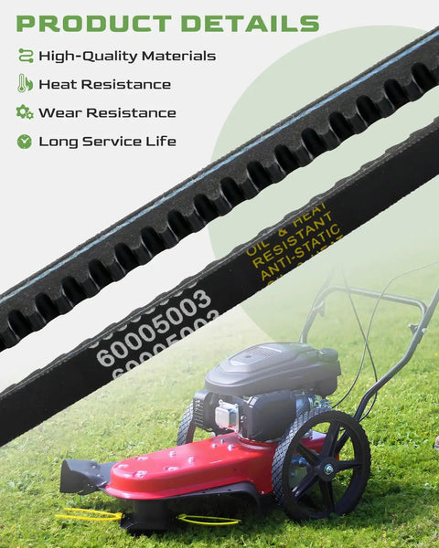 Beefed Up 3L Tooth HB Drive Belt 10mm x 1160mm on grass with Earthquake Trimmer, highlights heat resistance and durability.