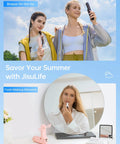 Two women enjoying 3 In 1 Pocket Handheld Mini Fan With Built In Power Bank And Flashlight USB Rechargeable in pink outdoors