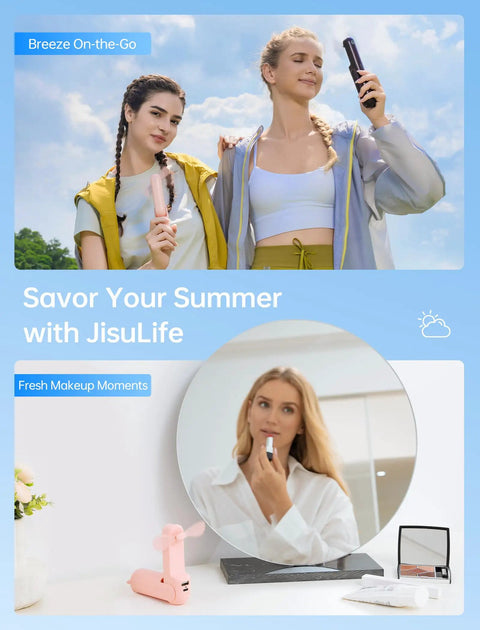 Two women enjoying 3 In 1 Pocket Handheld Mini Fan With Built In Power Bank And Flashlight USB Rechargeable in pink outdoors