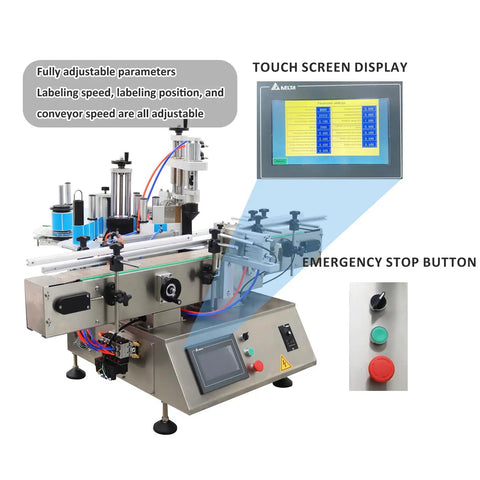 Heavy Duty Automatic Label Applicator With Chain Conveyor For Round Square Hexagonal Bottles Smooth Operator Touchscreen Control and display features.